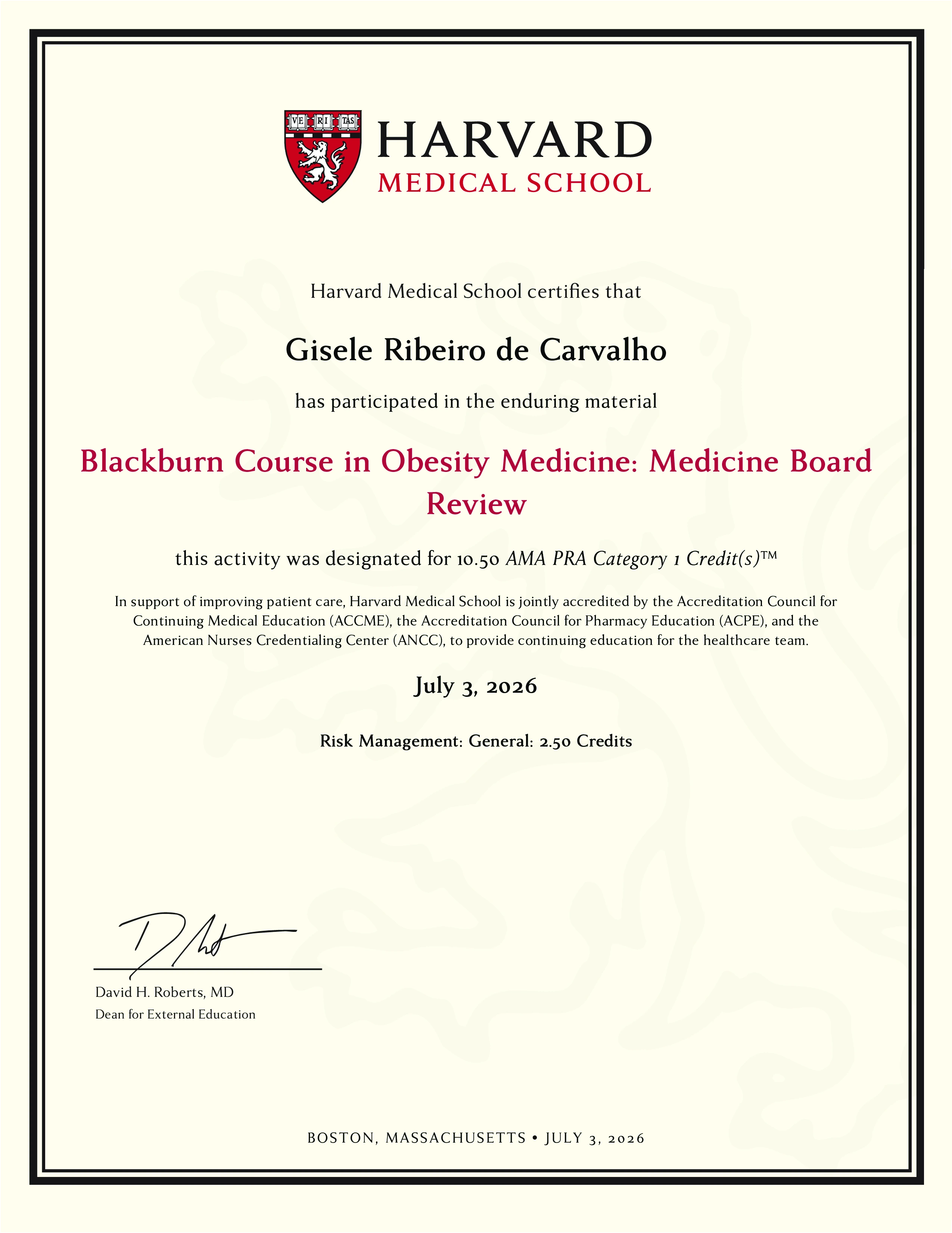 Certificado Oficial Harvard Medical School - Dra. Gisele Ribeiro de Carvalho